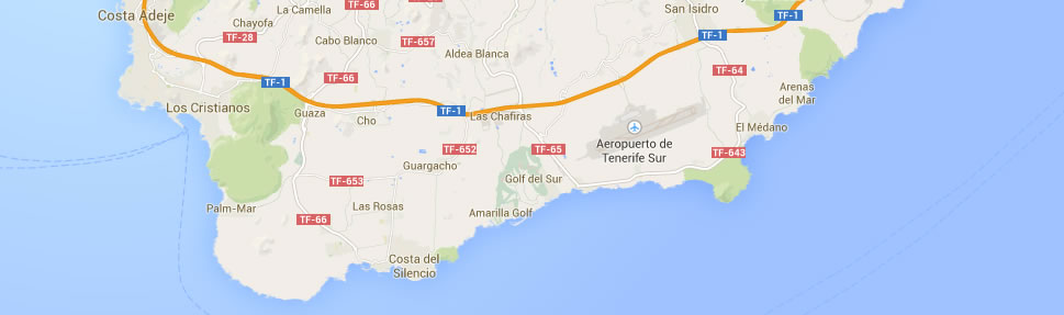 Map of Tenerife South showing our water filter service areas including Costa Adeje, Los Cristianos, and Arona