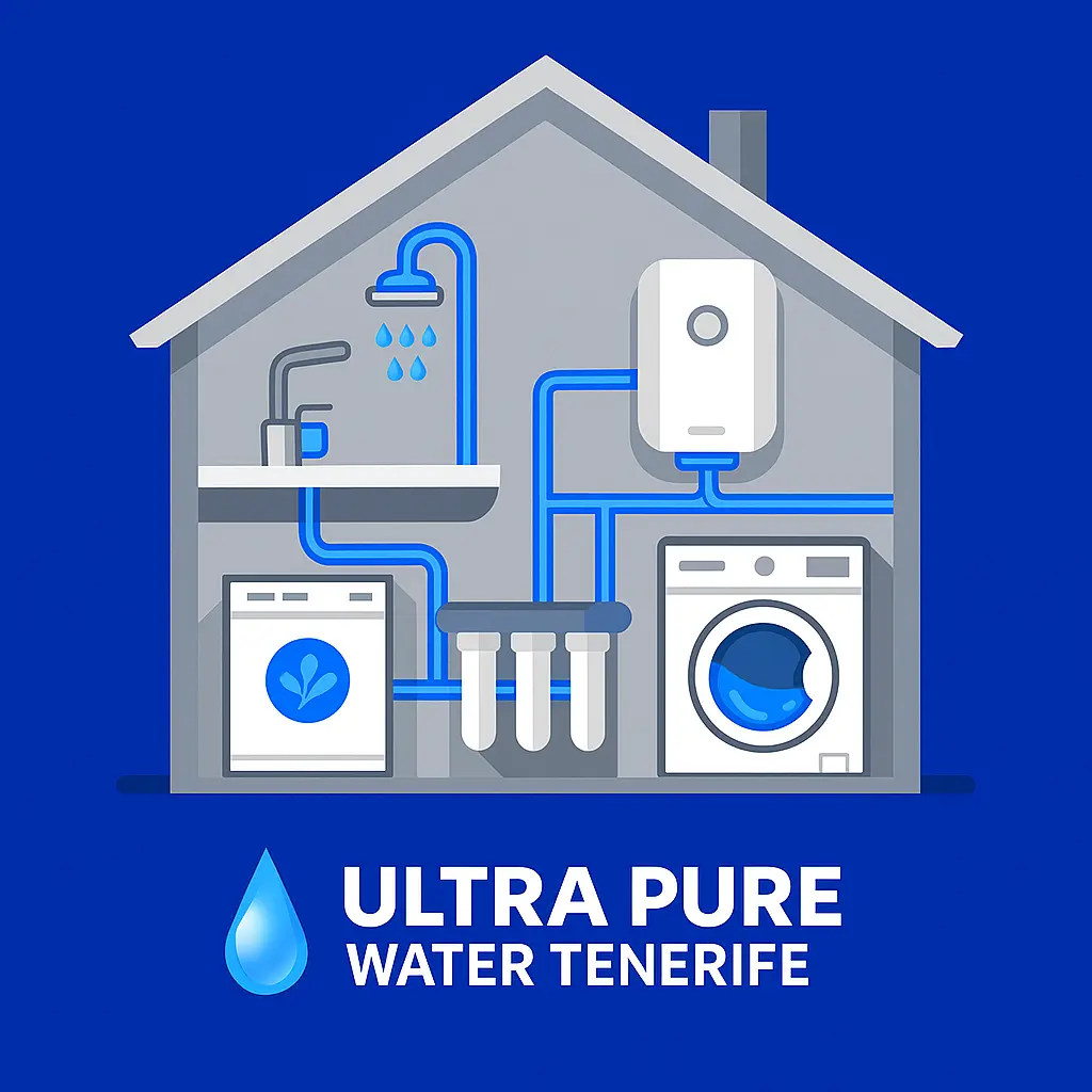 Whole house water filtration system diagram for Tenerife homes - protects washing machine, dishwasher, boiler and every tap from limescale